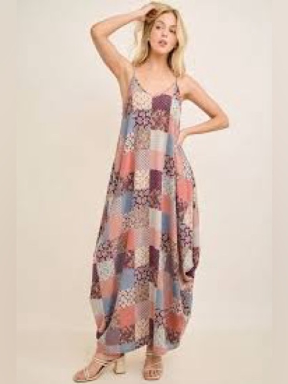 Mäksē boutique Patchwork Print Sleeveless Maxi Dress in Coral & Blue